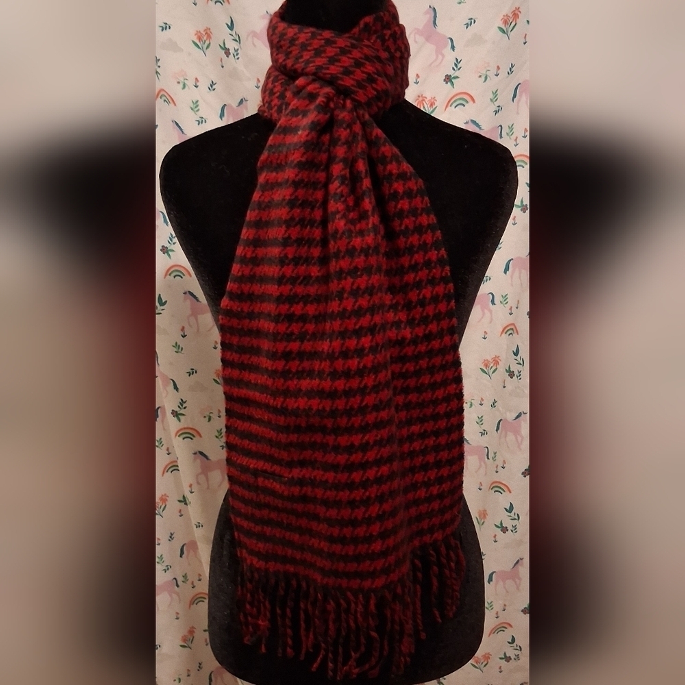 EUC Vintage Coach Red & Black Houndstooth Cashmere & Wool Casual Winter Scarf - Picture 1 of 7